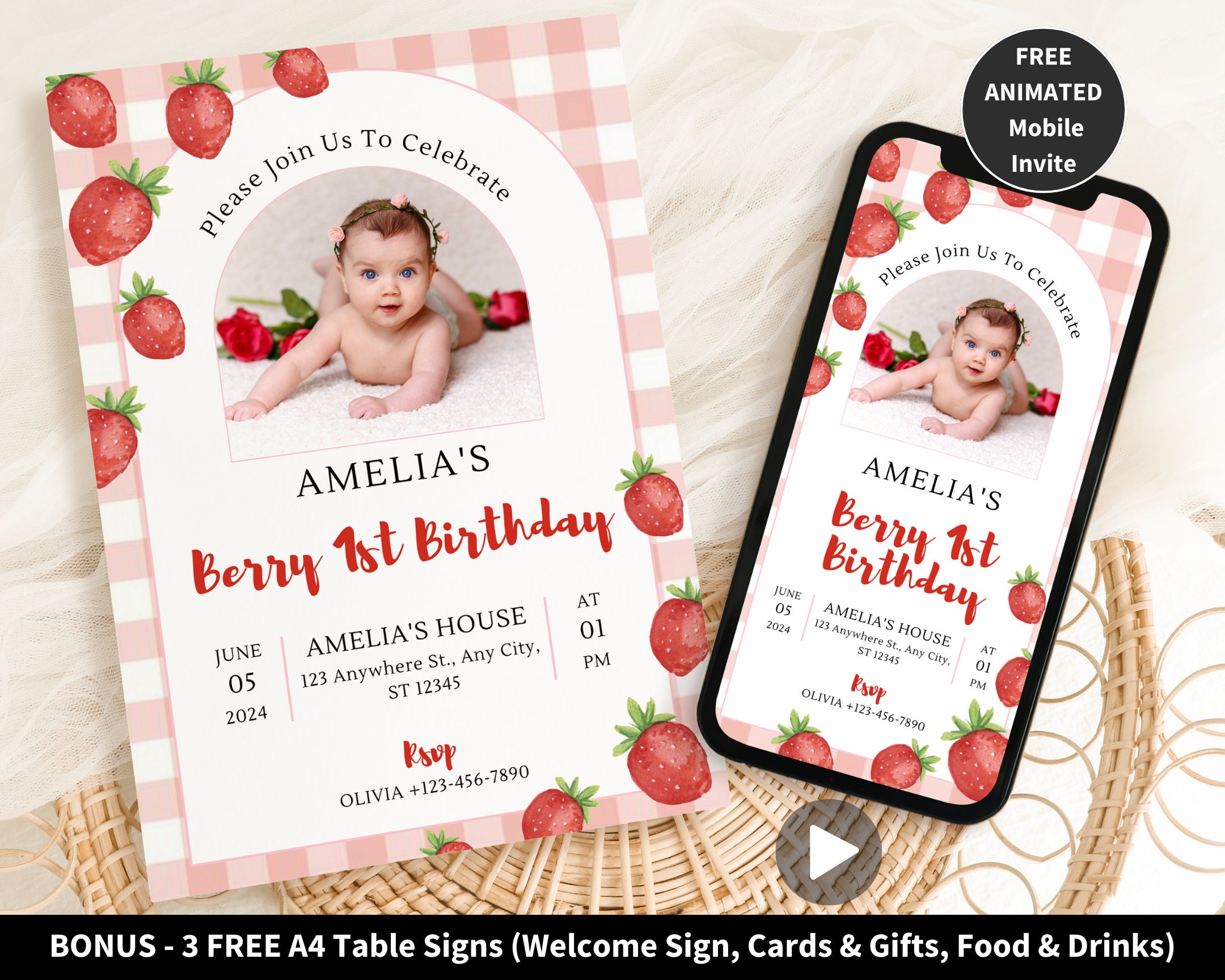 Editable Berry First Birthday Invitation Pink Gingham, Printable ...