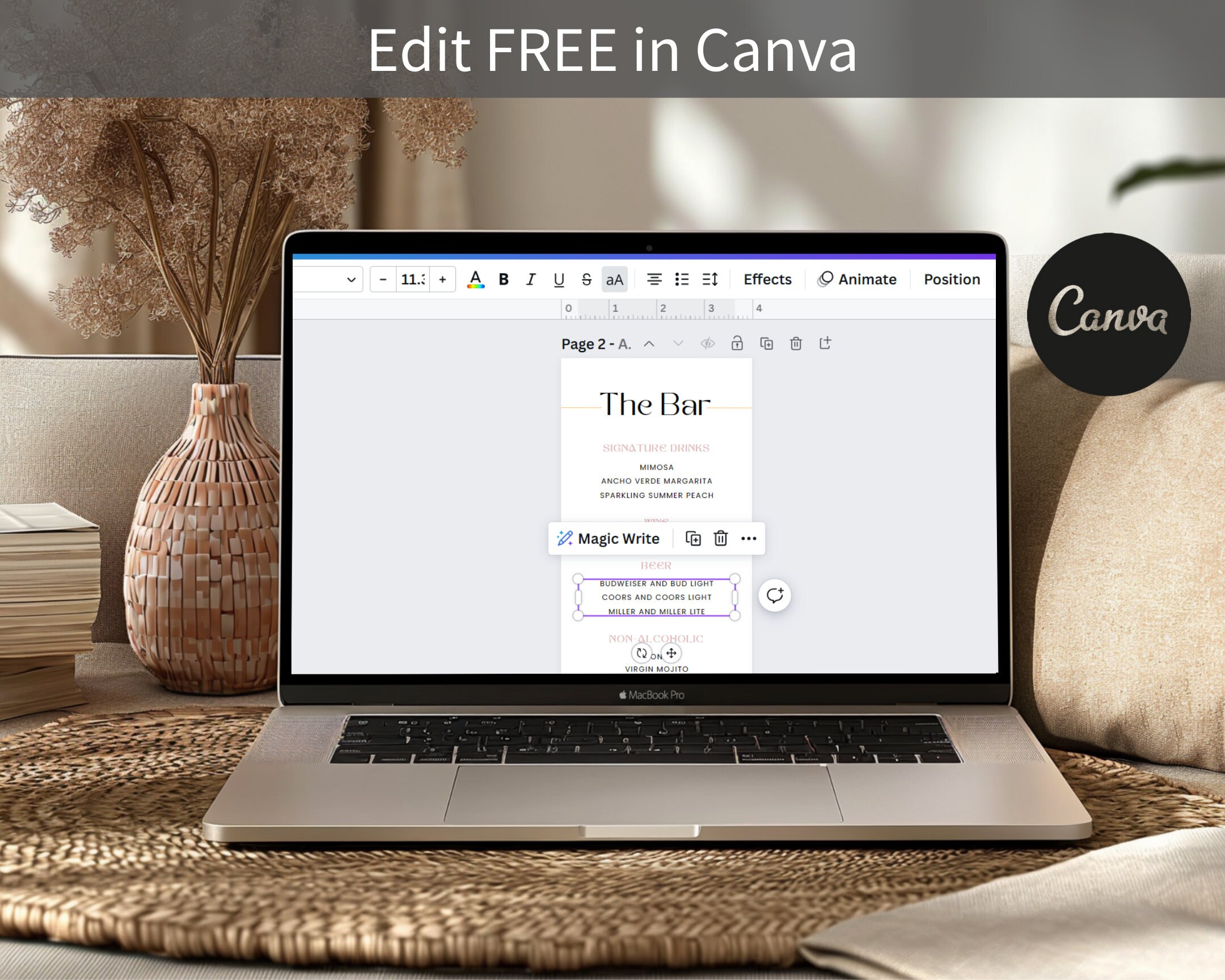 Printable Menu Template Double Sided or Single Sided 4x9'', Editable ...