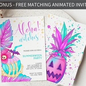 May include: Aloha! Witches Summerween Party invitation with a pink and blue pineapple with a jack-o-lantern face and a coconut drink with a skull and crossbones. The invitation includes the date, time, and location of the party.