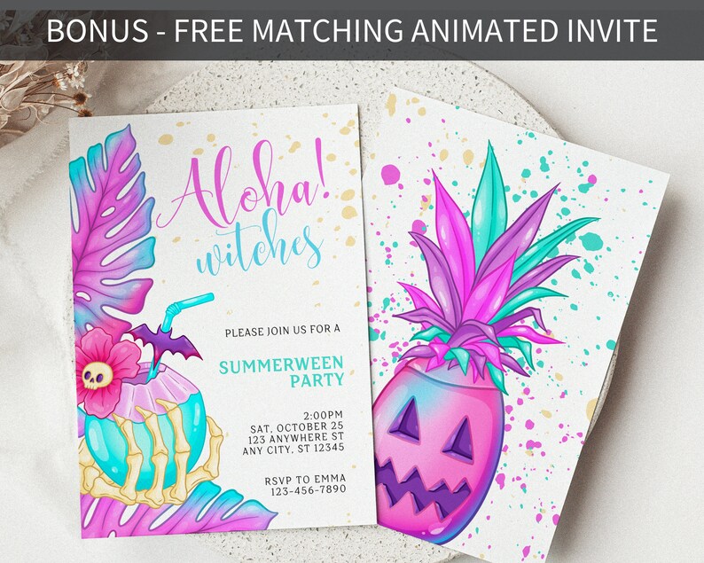 May include: Aloha! Witches Summerween Party invitation with a pink and blue pineapple with a jack-o-lantern face and a coconut drink with a skull and crossbones. The invitation includes the date, time, and location of the party.