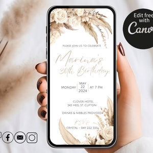 EDITABLE 30th Birthday Invitation Template, Boho Neutral Floral Digital Invite, Mobile E-Invite, Bohemian Invitation For Womans Party Event
