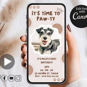 BEWERKBARE huisdier verjaardagsuitnodiging voor telefoon, digitale uitnodiging, verjaardagsfeestje hond, Pawty Time, hondenliefhebber verjaardagsfeestje, hondenfeestje uitnodigen