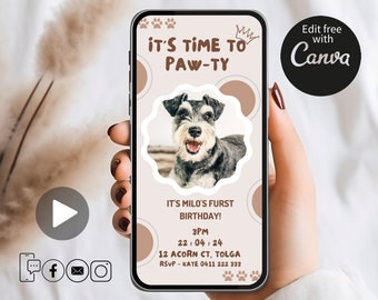 May include: A mobile phone screen displaying a birthday party invitation for a dog named Milo. The invitation features a photo of a small dog, a brown and white paw print pattern, and the text "It's Time to Paw-ty!"  It's Milo's Furst Birthday! 3PM 22|04|24 12 Acorn Ct, Tolga RSVP - Kate 0411 222 333