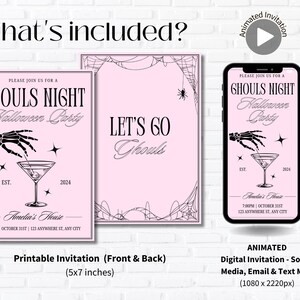 May include: Printable and digital Halloween party invitation with a pink background and black spider web design. The invitation features a skeleton hand holding a martini glass and the text "Ghoul's Night Halloween Party".