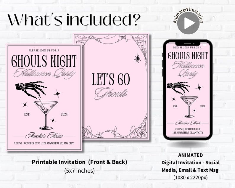 May include: Printable and digital Halloween party invitation with a pink background and black spider web design. The invitation features a skeleton hand holding a martini glass and the text "Ghoul's Night Halloween Party".