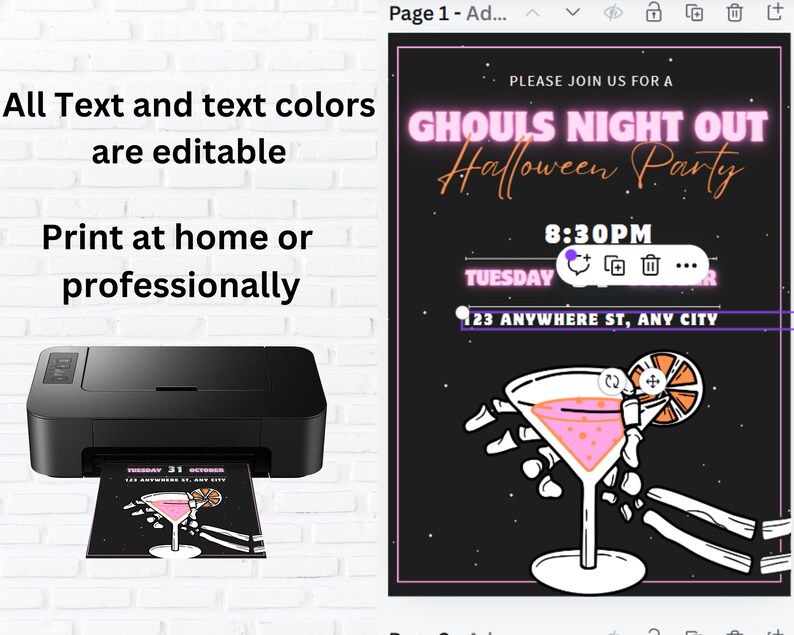 May include: Printable Halloween party invitation with a black background, neon pink text that says "Ghouls Night Out Halloween Party", and a skeleton hand holding a pink cocktail glass with a slice of orange. The text also includes the date, time, and address: "Tuesday, 8:30PM, 123 Anywhere St, Any City".