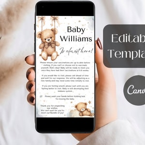 BEWERKBARE pasgeboren regels sociale media post geen Vax geen bezoek, ziekenhuis regels pasgeboren aankondiging kaart, teddybeer thema, prenatale voorbereiding voor baby