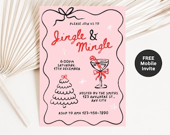 May include: Pink invitation with black and white illustrations of a Christmas tree, a martini glass with a candy cane, and the text "Jingle & Mingle" in red and black. The invitation includes the date and time of the event, the host's name, and the address. It also includes the text "RSVP to Amy 123-456-7890" and "FREE Mobile Invite".