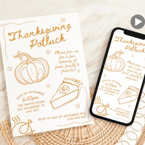 Op de afbeelding: Een uitnodiging voor een Thanksgiving-potluck met een gouden omtrekontwerp. De uitnodiging toont een pompoen, een taart en een kalkoen. De tekst op de uitnodiging luidt "Thanksgiving Potluck" en bevat de datum, tijd en locatie van het evenement. RSVP aan Amy vóór 8 november, 1234-567-890.