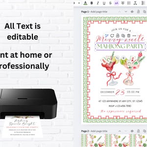 Pode incluir: Uma impressora preta com um convite impresso que diz "Making Spirits Bright Holiday Cocktail Party". O convite apresenta um design em aquarela com o texto "Merry Suite Mahjong Party" e detalhes do evento. O texto "All Text is editable" tamb&eacute;m &eacute; vis&iacute;vel.