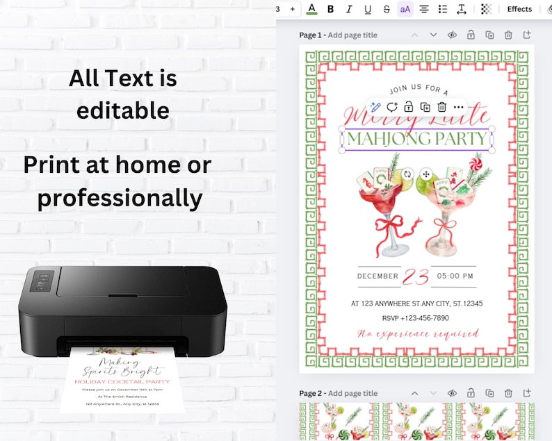 Pode incluir: Uma impressora preta com um convite impresso que diz "Making Spirits Bright Holiday Cocktail Party". O convite apresenta um design em aquarela com o texto "Merry Suite Mahjong Party" e detalhes do evento. O texto "All Text is editable" tamb&eacute;m &eacute; vis&iacute;vel.