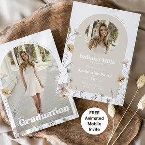 Boho Graduation Invite, Wildflower Graduation Party Invitation Template Floral Boho Graduation Announcement Minimalist Graduation Invitation