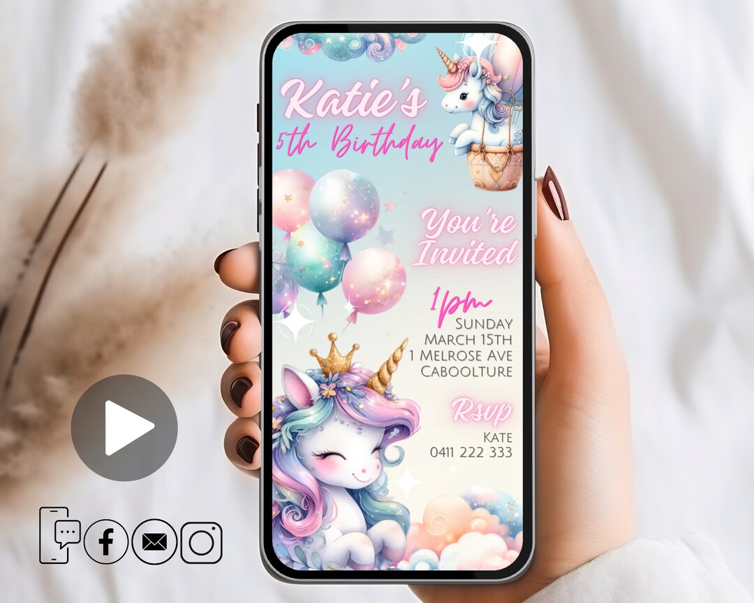 Unicorn Birthday Invitation ANIMATED, Editable Digital Invitation ...