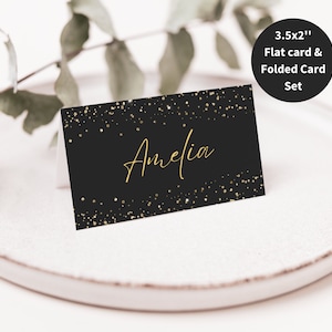 Tarjeta de lugar para evento de cena 3.5x2 plana y plegada, tarjetas de presentación para mesa, destellos de brillo negro y dorado, tarjetas de asiento para fiesta Set200