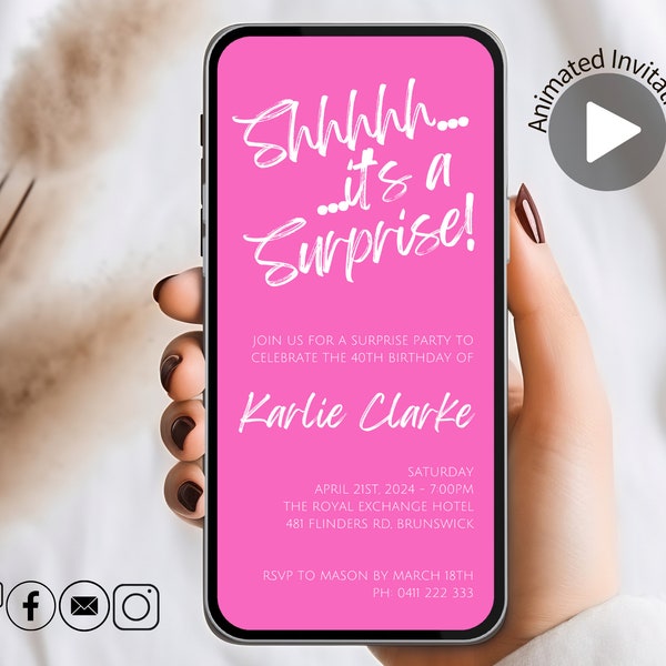 Animated Surprise Party Digital Invitation, Birthday Invitation, Editable Template, Hot Pink Surprise Party Invite, Mobile Phone Evite Pink