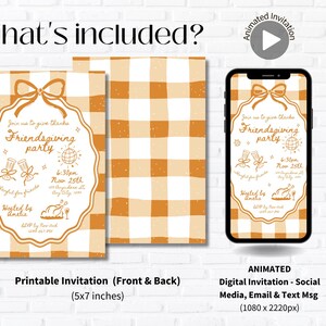 May include: An invitation design for a Friendsgiving party, featuring a front and back printable invitation and a digital invitation displayed on a smartphone. The design includes a gingham pattern and decorative elements.
