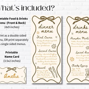 May include: Printable food and drinks menu and name card set. The menu is cream-colored with a decorative border and features a dinner menu and a drinks menu. The name card is 3.5 x 2 inches.