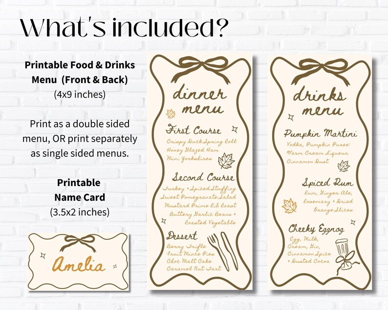 May include: Printable food and drinks menu and name card set. The menu is cream-colored with a decorative border and features a dinner menu and a drinks menu. The name card is 3.5 x 2 inches.