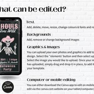 May include: A digital mockup of a mobile phone screen showing a Halloween party invitation with a skeleton wearing a pink cowboy hat and the text "Ghouls Gone Wild". The text "Edit free with Canva" is in a circle at the bottom of the screen. The text "What can be edited?" is at the top of the image. The text below the phone screen describes the different elements that can be edited in the Canva app, including text, backgrounds, graphics, and images.