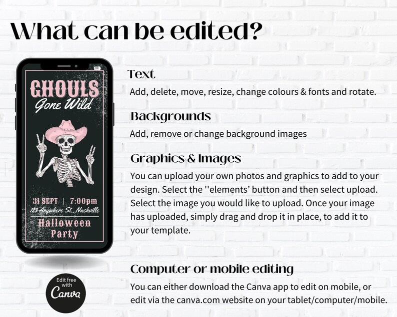 May include: A digital mockup of a mobile phone screen showing a Halloween party invitation with a skeleton wearing a pink cowboy hat and the text "Ghouls Gone Wild". The text "Edit free with Canva" is in a circle at the bottom of the screen. The text "What can be edited?" is at the top of the image. The text below the phone screen describes the different elements that can be edited in the Canva app, including text, backgrounds, graphics, and images.