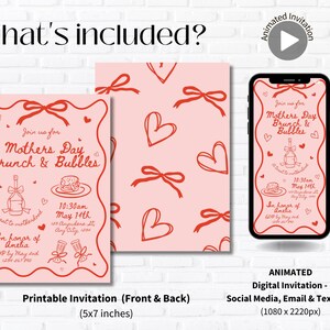 May include: Printable and animated digital invitation for a Mother's Day brunch with a pink background and red hearts, bows, and text. The text reads "Join us for Mother's Day Brunch & Bubbles" and "In honor of Anelia".