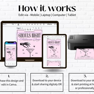 May include: A digital guide showing how to edit and print a Halloween party invitation. The invitation features a pink background with a black skeleton hand holding a martini glass. The text on the invitation reads "Please join us for a Ghouls Night Halloween Party".