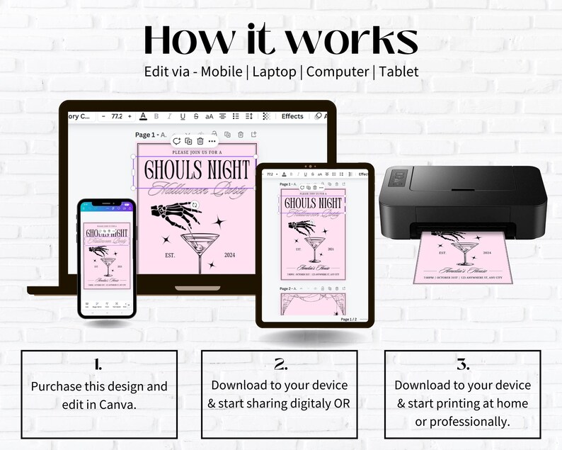 May include: A digital guide showing how to edit and print a Halloween party invitation. The invitation features a pink background with a black skeleton hand holding a martini glass. The text on the invitation reads "Please join us for a Ghouls Night Halloween Party".