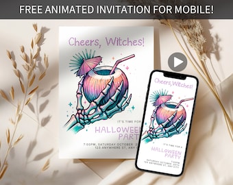 Cheers Witches Halloween Invitation, Summerween Party Invite, Tropical Halloween Invite, Instant Download Halloween In Summer Cocktail Party