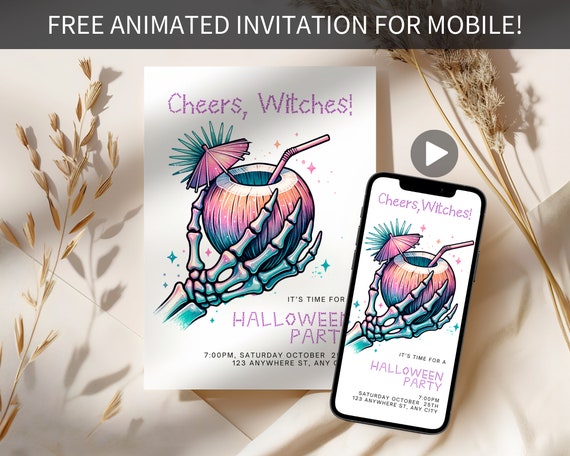 Cheers Witches Halloween Invitation, Summerween Party Invite, Tropical Halloween Invite, Instant Download Halloween In Summer Cocktail Party
