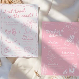 Coastal Bachelorette, Last toast on the Coast Beach Bach, Scribble Beach Bachelorette Party Invitation, Pink Bachelorette Weekend Itinerary