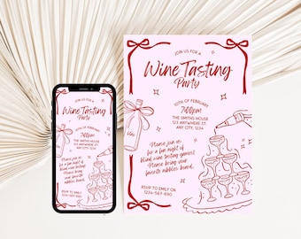 May include: A pink invitation and phone screen display a wine tasting party announcement. The design features red text and illustrations of wine bottles, glasses, and bows. The invitation includes event details: date, time, location, and RSVP information.