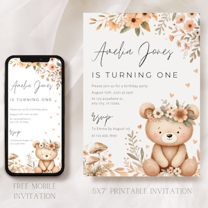 Meisjes teddybeer eerste verjaardag uitnodigingskaarten 5x7'', bloemen bruine beer uit te nodigen, afdrukbare & digitale bos uitnodiging klein meisje partij