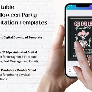 May include: A digital template for a Halloween party invitation. The invitation features a skeleton wearing a pink cowboy hat and the text "Ghouls Gone Wild". The invitation is available in two sizes: 1080 x 2220 pixels for digital use and 5x7 inches for printing.