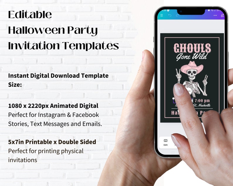 May include: A digital template for a Halloween party invitation. The invitation features a skeleton wearing a pink cowboy hat and the text "Ghouls Gone Wild". The invitation is available in two sizes: 1080 x 2220 pixels for digital use and 5x7 inches for printing.