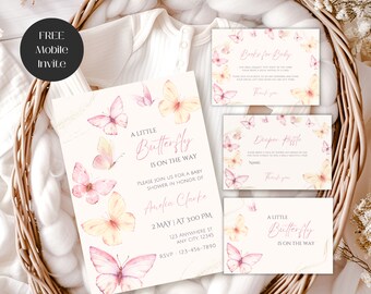 May include: A pink and yellow baby shower invitation with a butterfly theme. The invitation reads "A Little Butterfly is on the Way" and includes the name Amelia Clarke, the date and time of the shower, and the address. There are also two smaller cards for a book request and a diaper raffle.