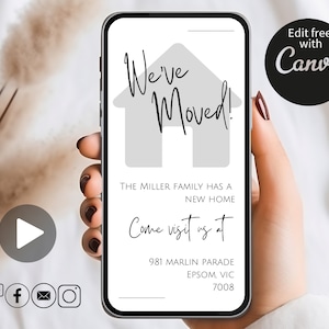 BEWERKBAAR We zijn verhuisd Huissjabloon Digitaal, Nieuw adres, We zijn verhuisd Kennisgeving, Verhuizing, Digitale verhuizing, Inwijdingsfeest Cadeau
