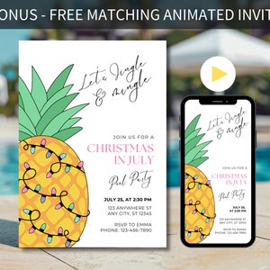 Bearbeitbare Weihnachten im Juli Einladung, Sommer Pool Party einladen, Juli Weihnachtseinladung Vorlage, Tropische Weihnachten laden Ananas ein