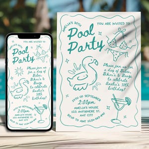 Jedes Alter Pool-Party einladen, Hand gezeichnete Geburtstagseinladung, Gekritzel-Einladung, Handgezeichnetes Geburtstag einladen Gekritzel, Erwachsene Pool-Party einladen