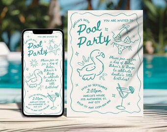 Any Age Pool Party Invite, Hand Drawn Birthday Invitation, Scribble Invitation, Handdrawn Birthday Invite Doodle, Adult Pool Party Invite