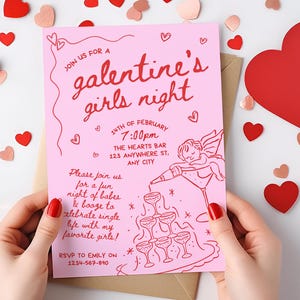 Invitation Saint-Valentin dessinée à la main pour la fête des Galentines, fête de la Saint-Valentin, Saint-Valentin inviter les filles Galentines dessinées à la main, Saint-Valentin rose nuit