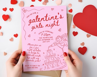 Galentines Party Hand Drawn Valentines Invitation, Valentines Day Party, Valentines Invite Handdrawn Galentines GIrls Night Pink Valentines