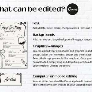 May include: A black and white wine tasting scorecard with a wine bottle and glass illustration. The text "Wine Tasting Scorecard" is at the top. Instructions on editing text, backgrounds, and graphics are also included. The Canva logo is in the top right corner.