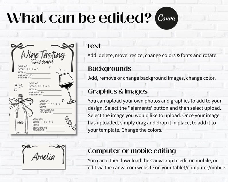 May include: A black and white wine tasting scorecard with a wine bottle and glass illustration. The text "Wine Tasting Scorecard" is at the top. Instructions on editing text, backgrounds, and graphics are also included. The Canva logo is in the top right corner.