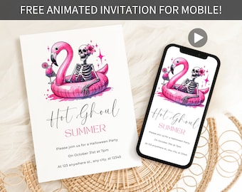 Hot Ghoul Summer Halloween Invitation, Summerween Party Invite, Flamingo Halloween Invite, Editable Template Halloween In Summer Pool Party