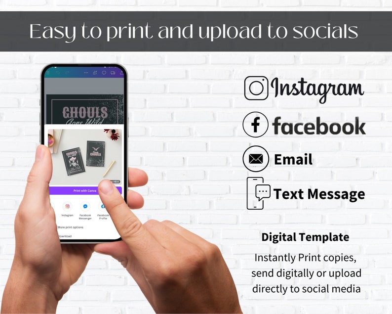 May include: A digital template for a printable design featuring the text "Ghouls Gone Wild". The template can be printed, shared digitally, or uploaded to social media platforms like Instagram, Facebook, email, and text message.