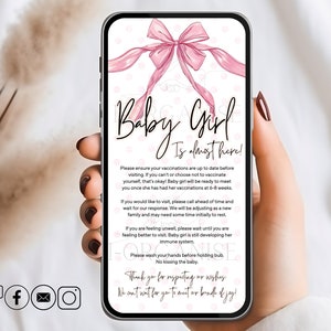 Règles du nouveau-né pour téléphone portable, Interdiction de vax et de visite à l'hôpital pour l'arrivée d'un bébé, Faire-part de naissance, Noeud rose pastel pour bébé fille