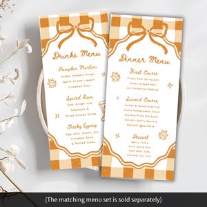 May include: Two menu cards with an orange and white checkered pattern and decorative bow design. The left card says "Drinks Menu" with drink options. The right card says "Dinner Menu" with course options. The text is in a handwritten style.