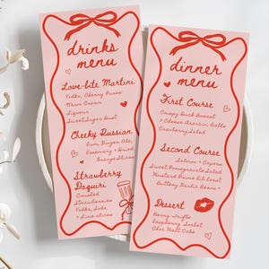 Modèle de menu imprimable des Galentines 4 x 9 pouces, menu imprimable dessiné à la main gribouillage modèle de menu Saint Valentin Menu du dîner des Galentines & cocktails