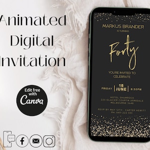 Faire-part MODIFIABLE pour 40e anniversaire, faire-part numérique, faire-part électronique, e-invitation, occasion de célébration, 40e paillettes d'or noir