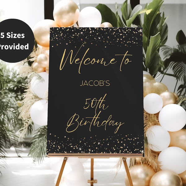 50th Welcome Sign For Birthday, Poster Black & Gold Glitter, Welcome Poster Fiftieth Birthday, Welcome Board 50th Birthday Party, Set200